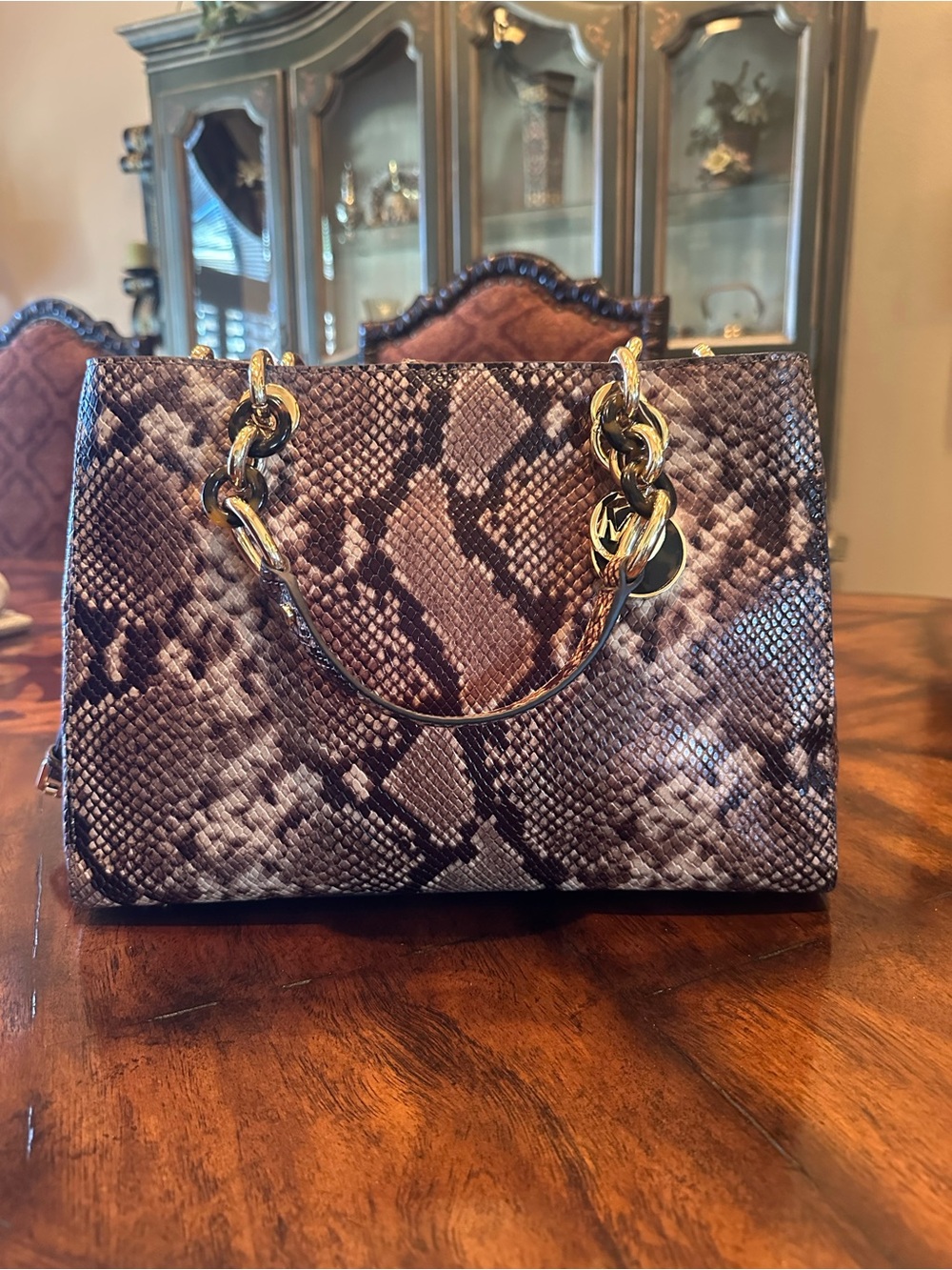 NWT Michael Kors Cynthia Medium Satchel Dark Khaki Python Embossed Leather